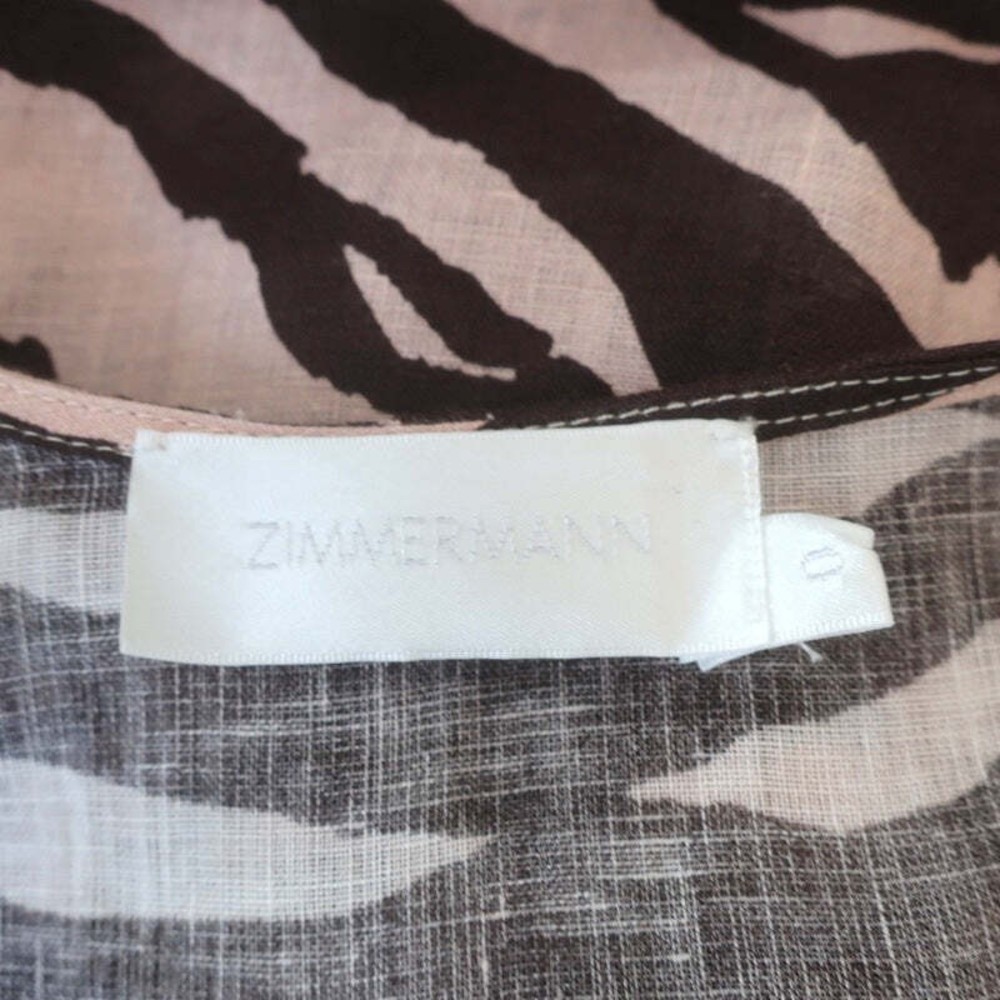 Zimmermann Puff Sleeve Midi Dress Juniper Brown Zebra Print Linen Size 0 - Picture 8 of 9